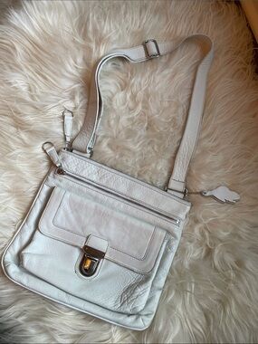 Roots White Leather Crossbody Bag with Front Flap and Zip Pocket